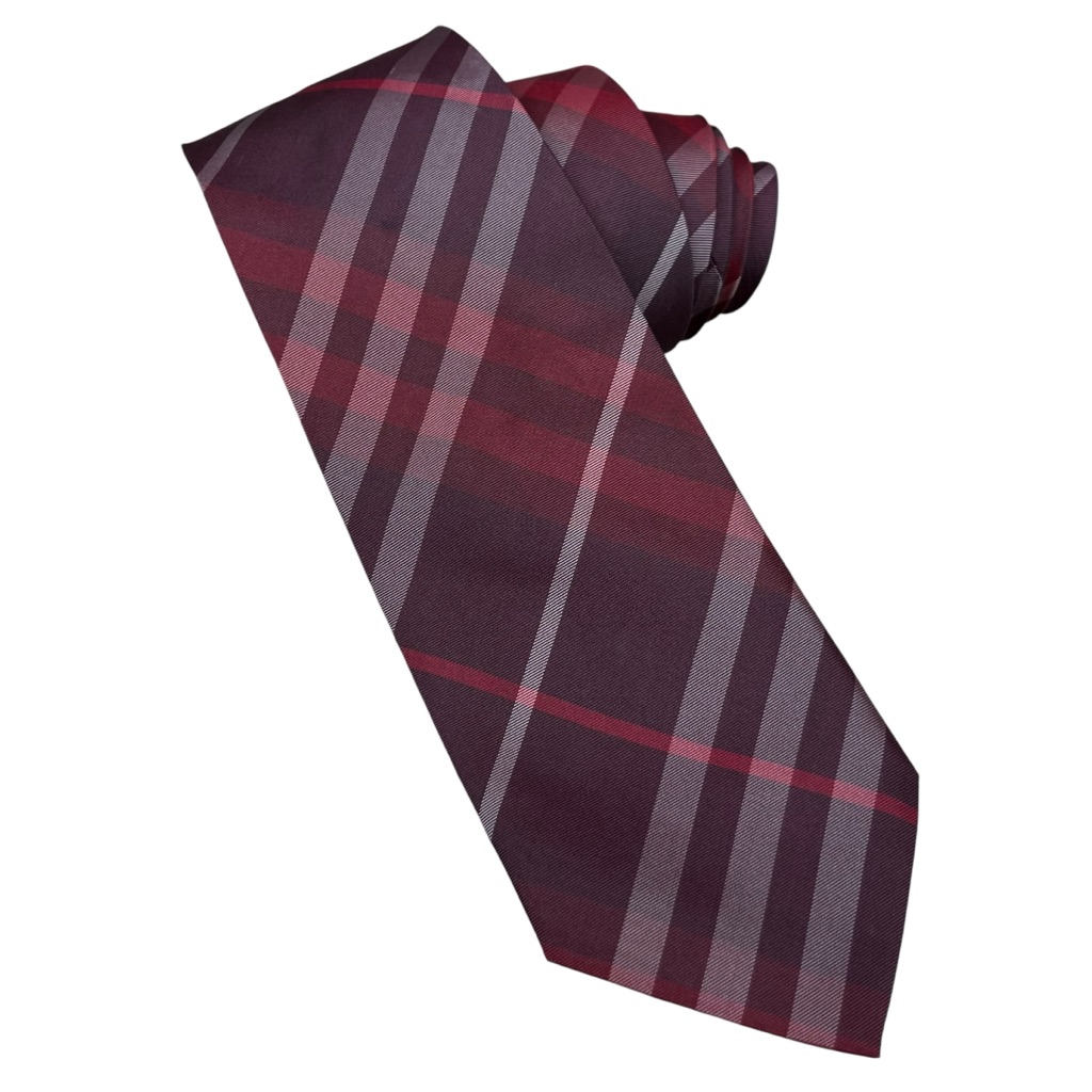 Burberry London Check Silk Tie Luxury Plaid Wine Burgundy